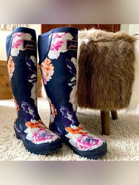 Joules Welly Print Navy Floral Tall Gardening, Rain and Muck Boots